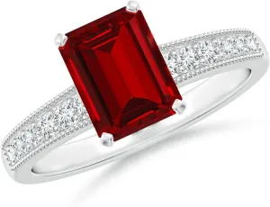 Angara Lab Grown Vintage Style Emerald-Cut Ruby Engagement Ring with Accents in 14K Solid Gold/Platinum | July Birthstone, Birthday, Anniversary, Wedding Jewelry Gift for Women
