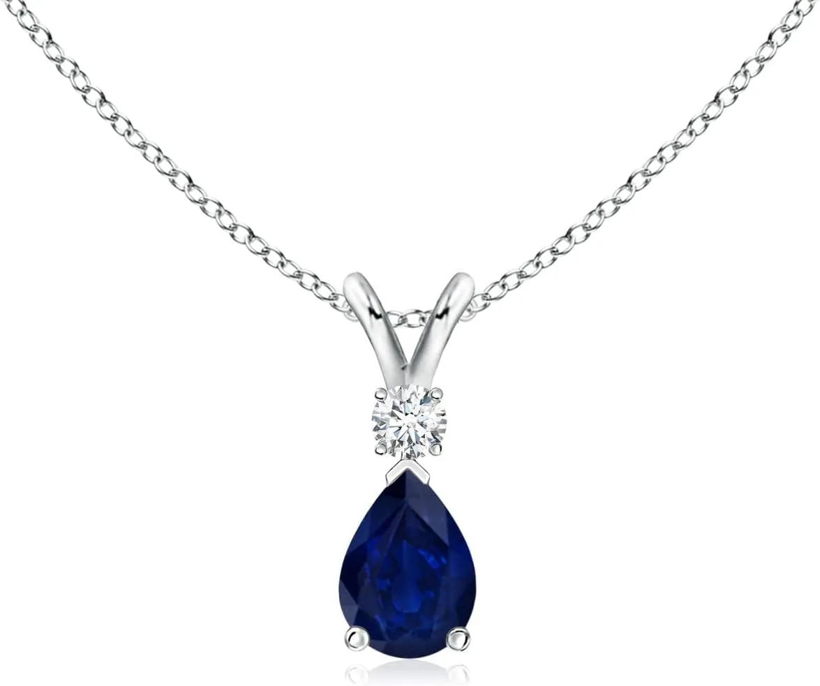 Angara Natural Blue Sapphire Teardrop Pendant with Diamond in Silver / 14K Solid Gold/Platinum | Birthday, Engagement, Anniversary, Wedding Jewelry Gift for Women