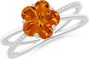 Angara Natural Five-Petal Flower Citrine Criss-Cross Ring in 14K Solid Gold/Platinum | November Birthstone, Birthday, Engagement, Anniversary, Wedding Jewelry Gift for Women