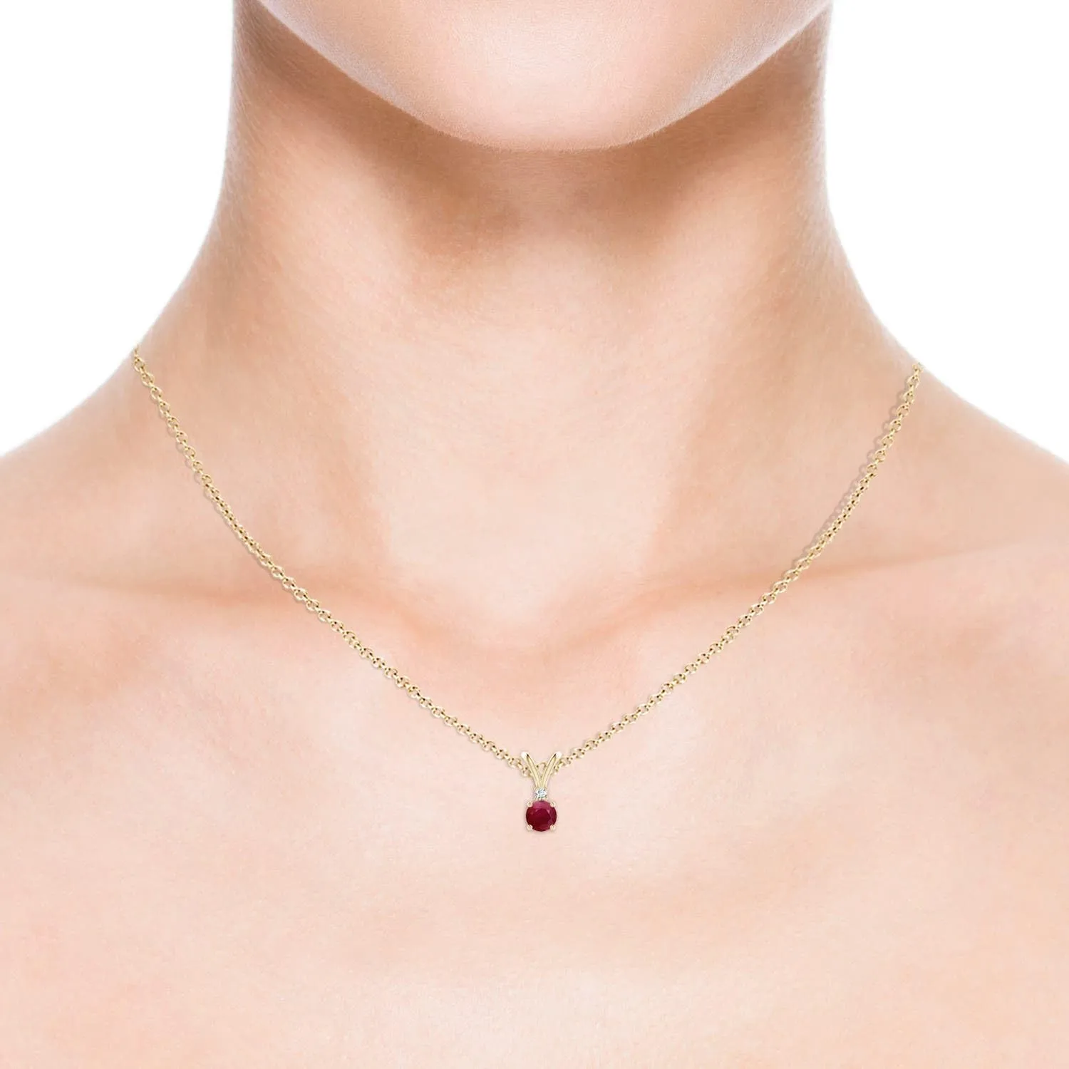 Angara Natural Round Ruby Solitaire V-Bale Pendant with Diamond in Silver / 14K Solid Gold/Platinum | July Birthstone, Birthday, Engagement, Anniversary, Wedding Jewelry Gift for Women