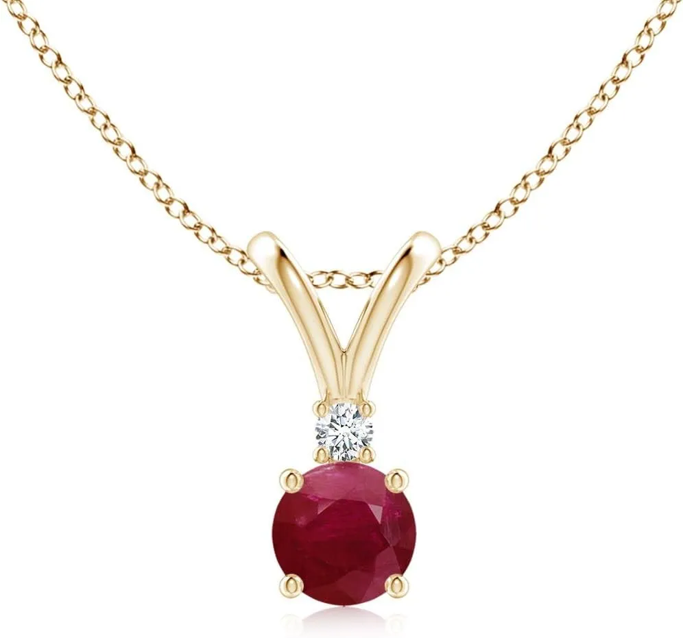 Angara Natural Round Ruby Solitaire V-Bale Pendant with Diamond in Silver / 14K Solid Gold/Platinum | July Birthstone, Birthday, Engagement, Anniversary, Wedding Jewelry Gift for Women