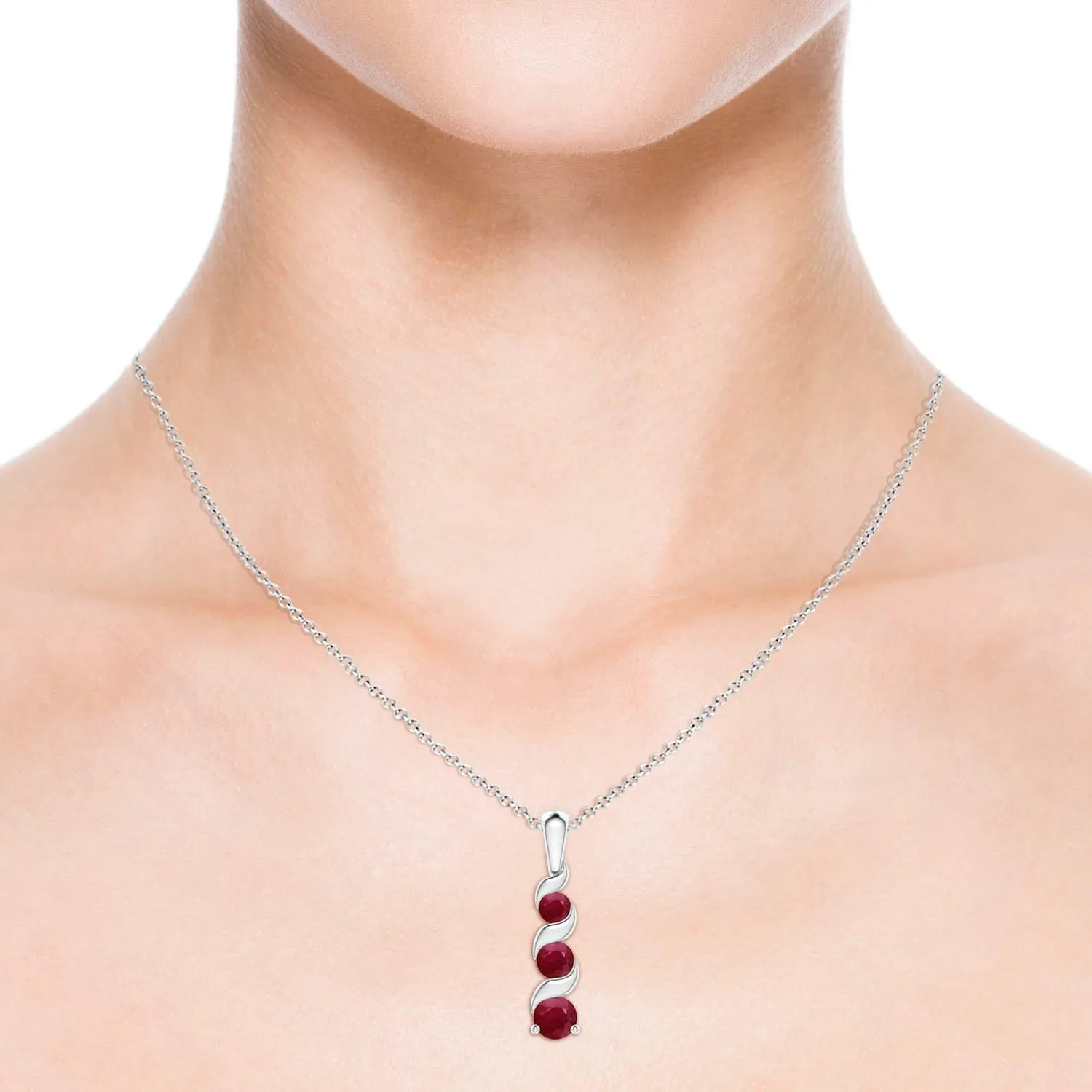 Angara Natural Ruby Three Stone Pendant Necklace with Diamond in Sterling Silver / 14K Solid Gold | July Birthstone, Birthday, Engagement, Anniversary, Wedding Jewelry Gift for Women