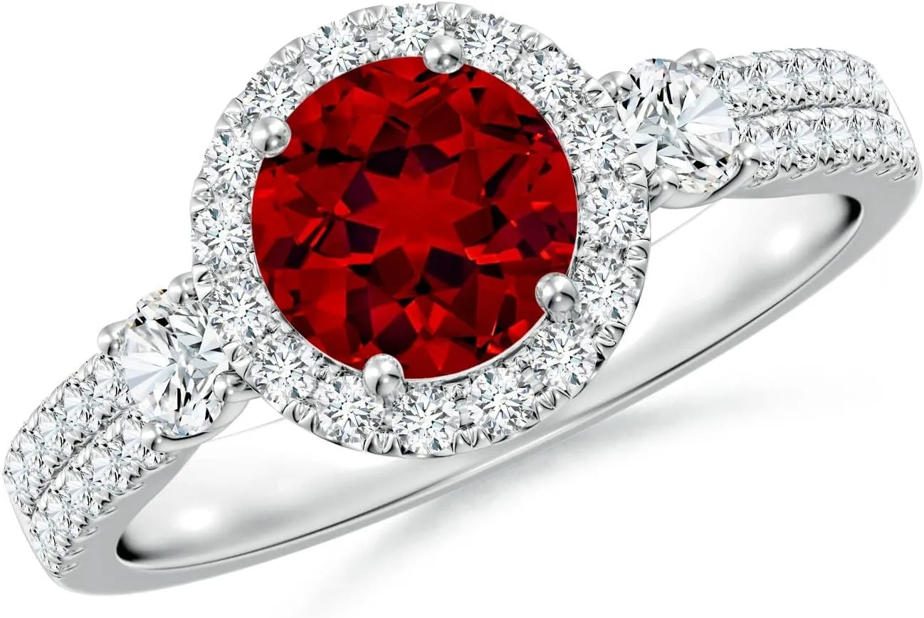 Angara Round Lab Grown Ruby Halo Double Shank Engagement Ring in 14K Solid Gold/Platinum | July Birthstone, Birthday, Anniversary, Wedding Jewelry Gift for Women
