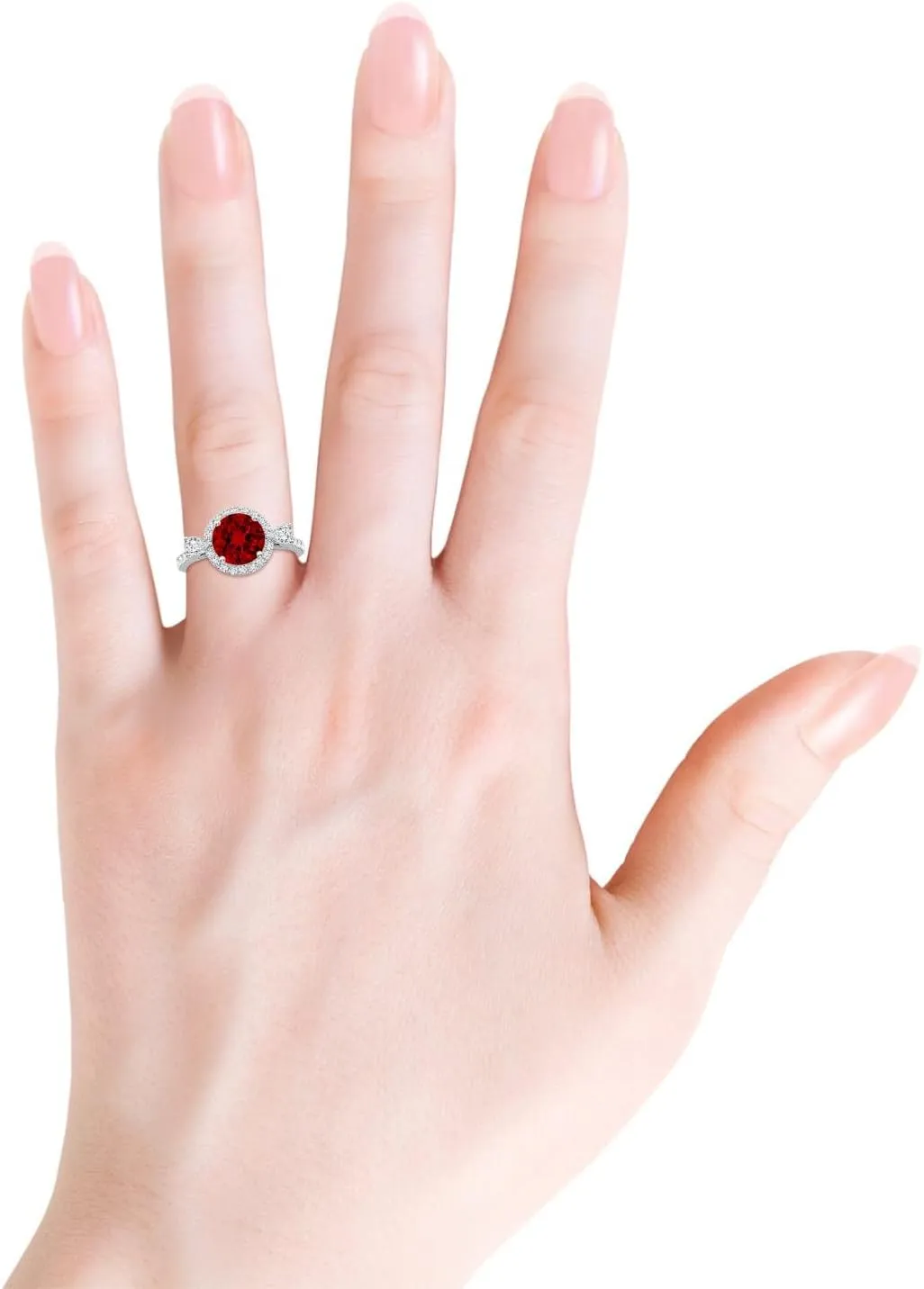 Angara Round Lab Grown Ruby Halo Side Stone Engagement Ring in 14K Solid Gold/Platinum | July Birthstone, Birthday, Anniversary, Wedding Jewelry Gift for Women