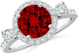 Angara Round Lab Grown Ruby Halo Side Stone Engagement Ring in 14K Solid Gold/Platinum | July Birthstone, Birthday, Anniversary, Wedding Jewelry Gift for Women