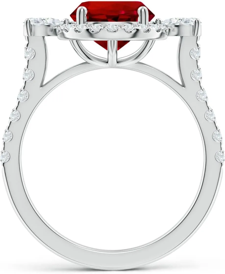 Angara Round Lab Grown Ruby Halo Side Stone Engagement Ring in 14K Solid Gold/Platinum | July Birthstone, Birthday, Anniversary, Wedding Jewelry Gift for Women