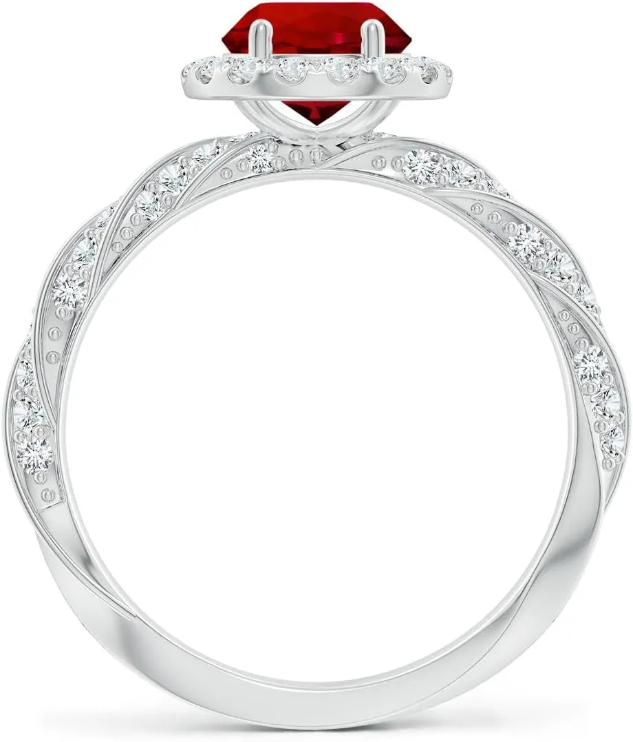 Angara Round Lab Grown Ruby Halo Twisted Rope Shank Engagement Ring in 14K Solid Gold/Platinum | July Birthstone, Birthday, Anniversary, Wedding Jewelry Gift for Women