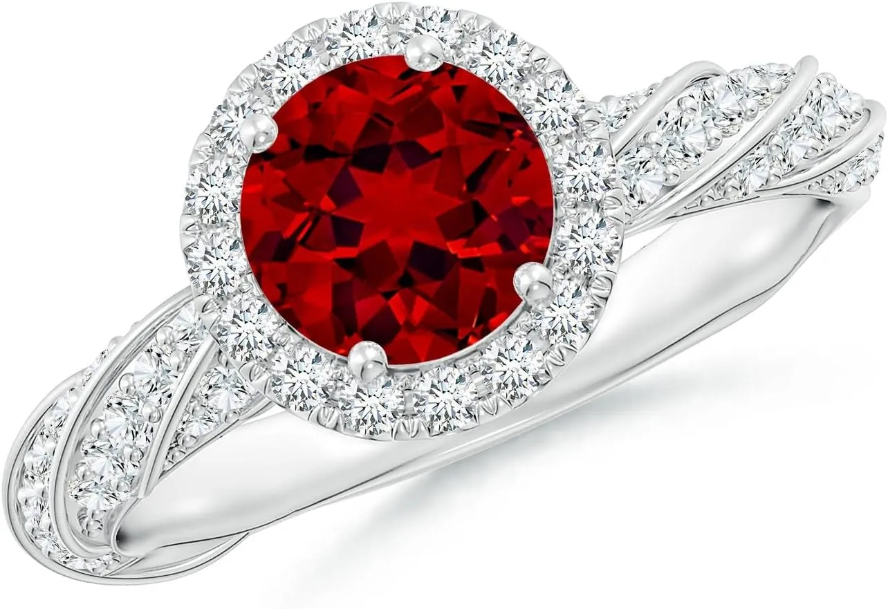 Angara Round Lab Grown Ruby Halo Twisted Rope Shank Engagement Ring in 14K Solid Gold/Platinum | July Birthstone, Birthday, Anniversary, Wedding Jewelry Gift for Women