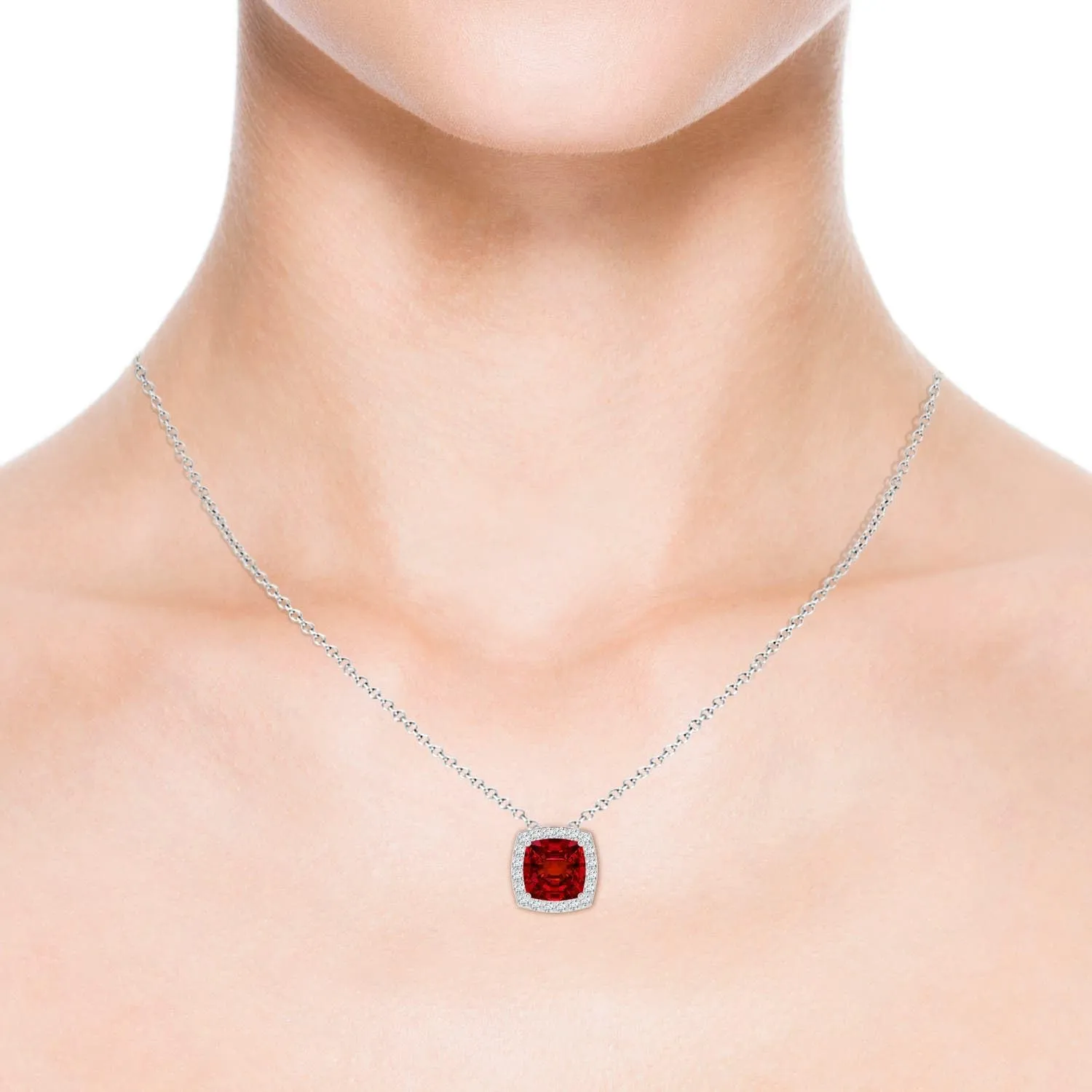 Angara Vintage Inspired Cushion Lab Grown Ruby Halo Pendant in 14K Solid Gold/Platinum | July Birthstone, Birthday, Engagement, Anniversary, Wedding Jewelry Gift for Women