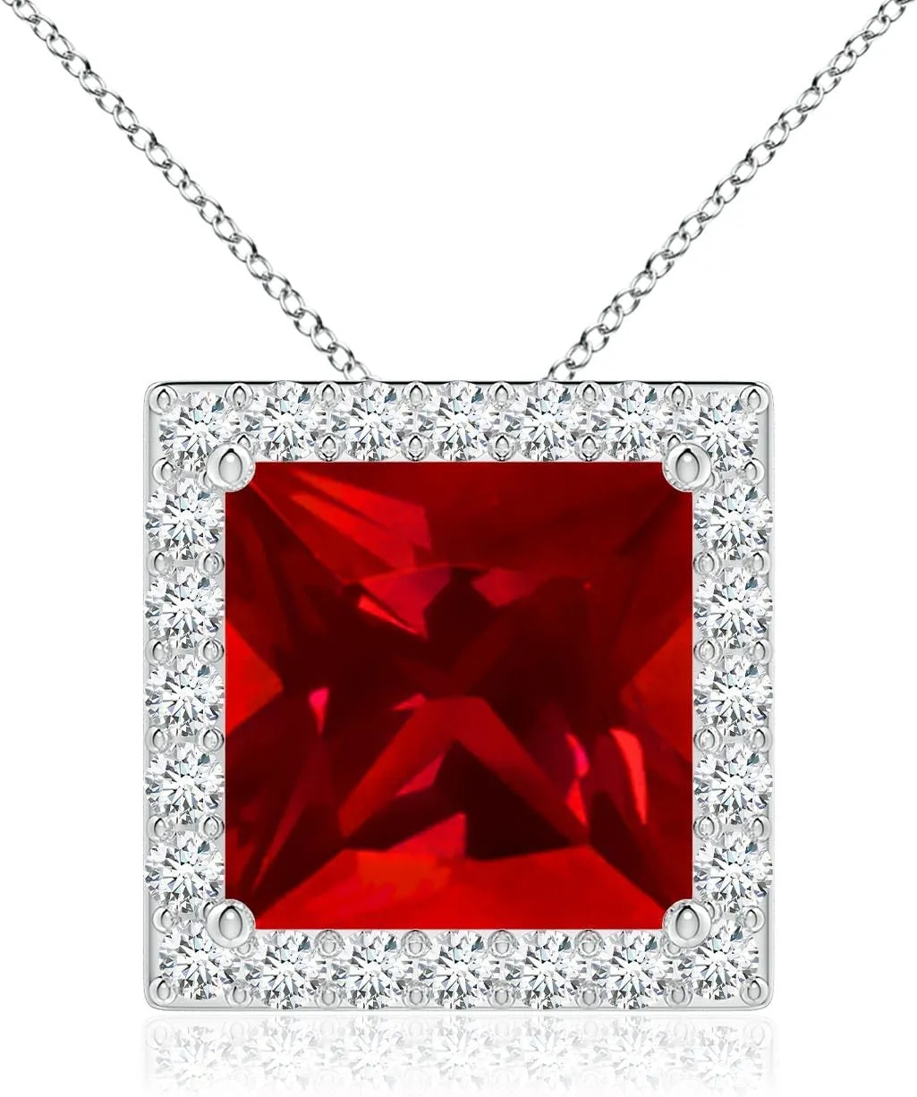 Angara Vintage Inspired Square Lab Grown Ruby Halo Pendant in 14K Solid Gold/Platinum | July Birthstone, Birthday, Engagement, Anniversary, Wedding Jewelry Gift for Women