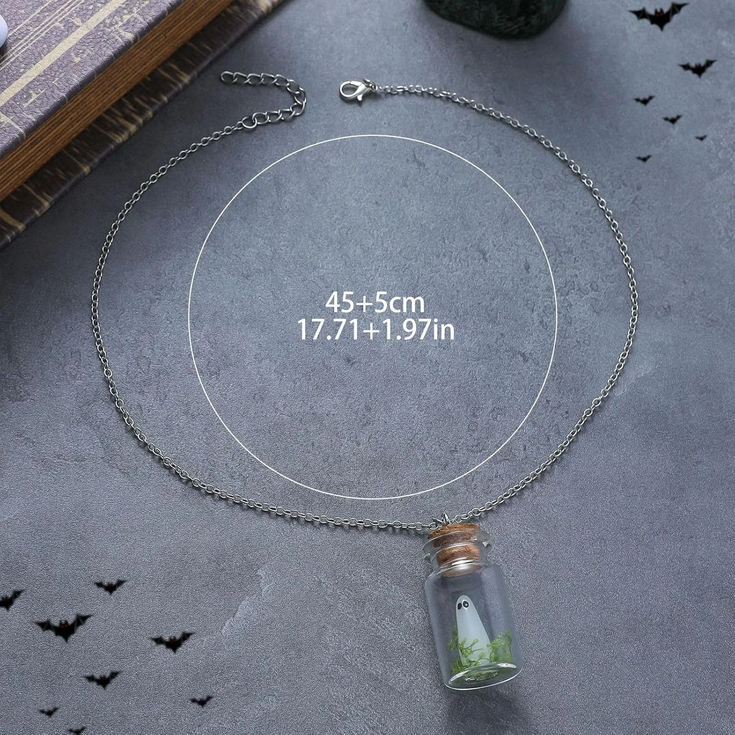 Angyape Adopt a Ghost Glow in The Dark Necklace & Earrings, Cute Ghost in A Bottle Pendant, Halloween Jewelry Set