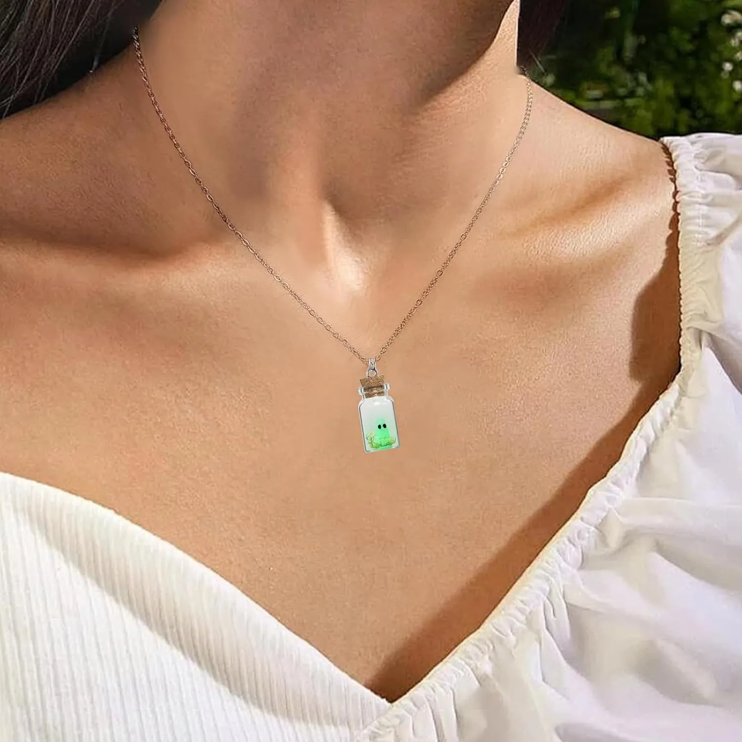 Angyape Adopt a Ghost Glow in The Dark Necklace & Earrings, Cute Ghost in A Bottle Pendant, Halloween Jewelry Set