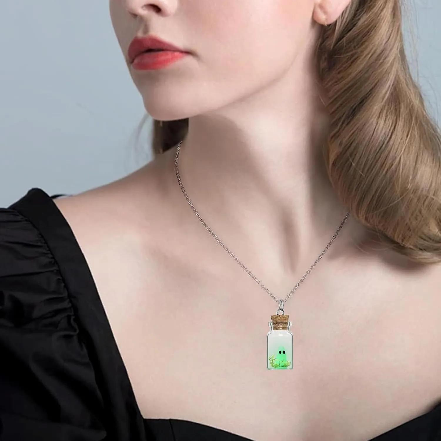 Angyape Adopt a Ghost Glow in The Dark Necklace & Earrings, Cute Ghost in A Bottle Pendant, Halloween Jewelry Set