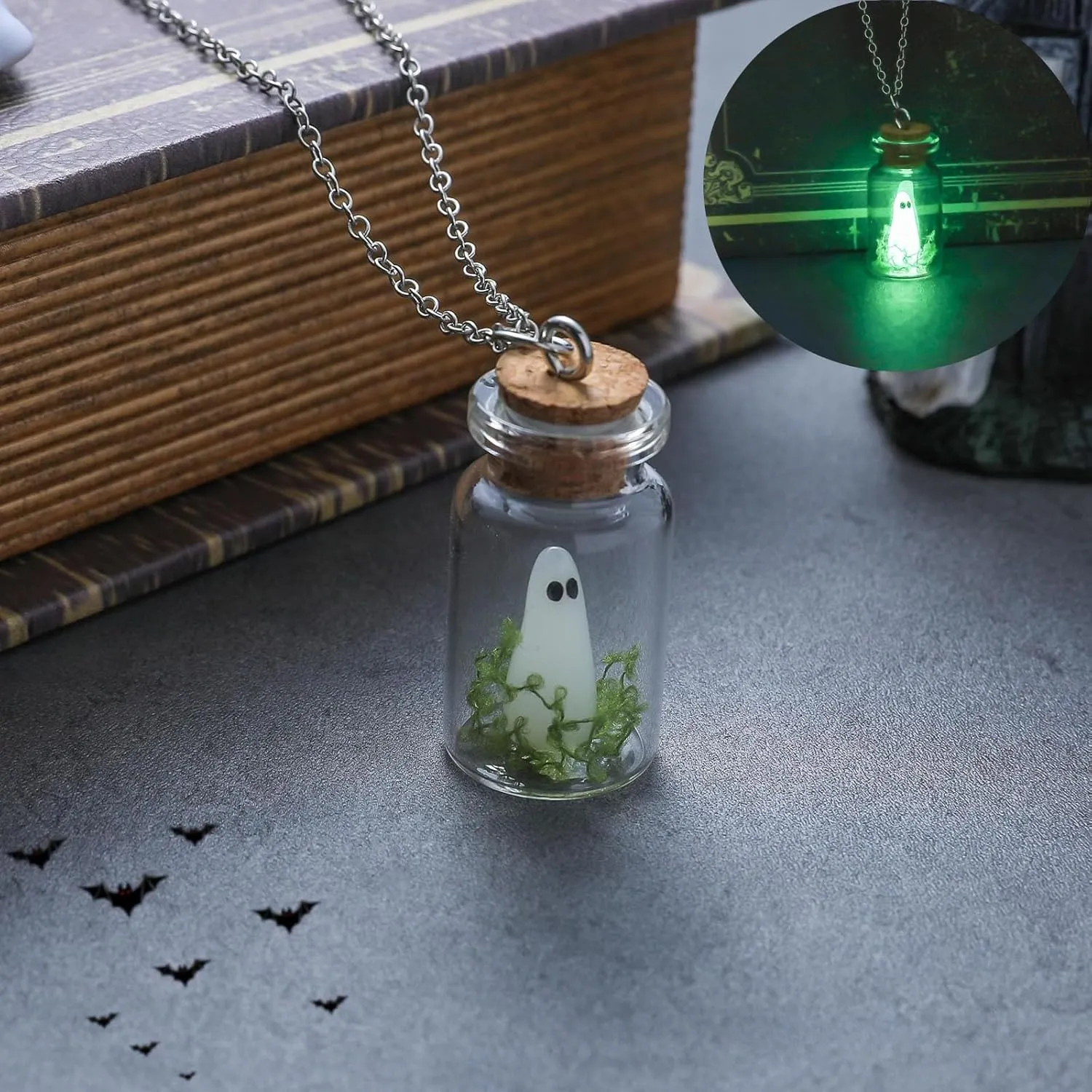 Angyape Adopt a Ghost Glow in The Dark Necklace & Earrings, Cute Ghost in A Bottle Pendant, Halloween Jewelry Set