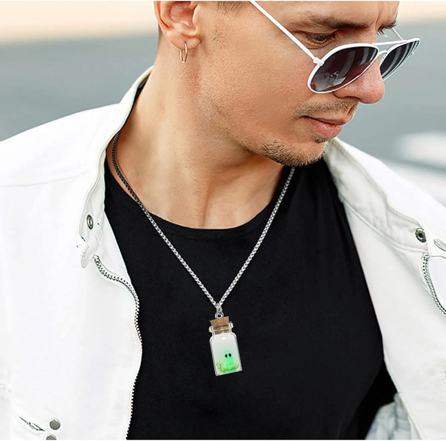 Angyape Adopt a Ghost Glow in The Dark Necklace & Earrings, Cute Ghost in A Bottle Pendant, Halloween Jewelry Set