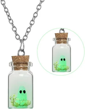 Angyape Adopt a Ghost Glow in The Dark Necklace & Earrings, Cute Ghost in A Bottle Pendant, Halloween Jewelry Set