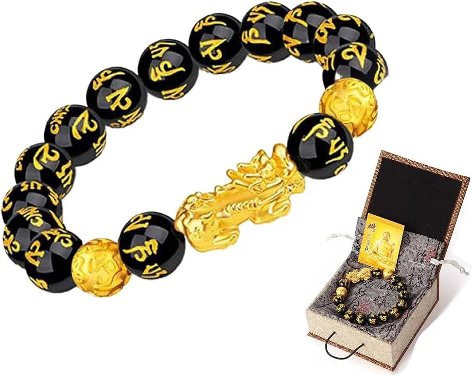 Angyape Feng Shui Black Obsidian Bracelet, Feng Shui Good Luck Wealth Bracelet Dragon Buddha 12mm Beads Elastic Pixiu Meditation Decompression Prayer Bracelets for Women Men Jewelry