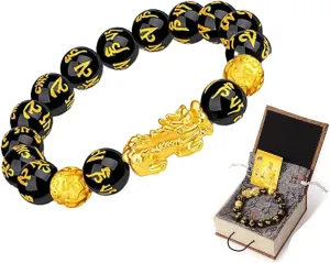 Angyape Feng Shui Black Obsidian Bracelet, Feng Shui Good Luck Wealth Bracelet Dragon Buddha 12mm Beads Elastic Pixiu Meditation Decompression Prayer Bracelets for Women Men Jewelry