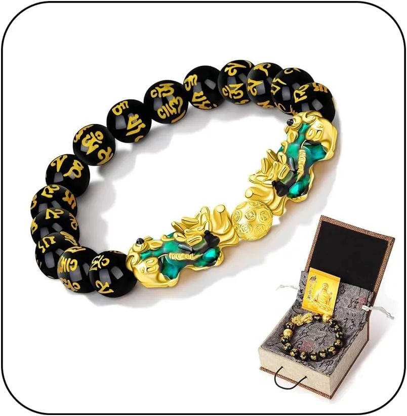 Angyape Feng Shui Black Obsidian Bracelet, Feng Shui Good Luck Wealth Bracelet Dragon Buddha 12mm Beads Elastic Pixiu Meditation Decompression Prayer Bracelets for Women Men Jewelry