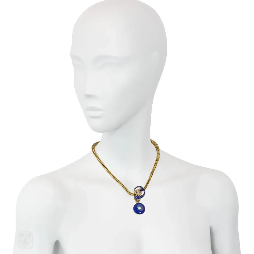 Antique blue enamel and diamond snake necklace