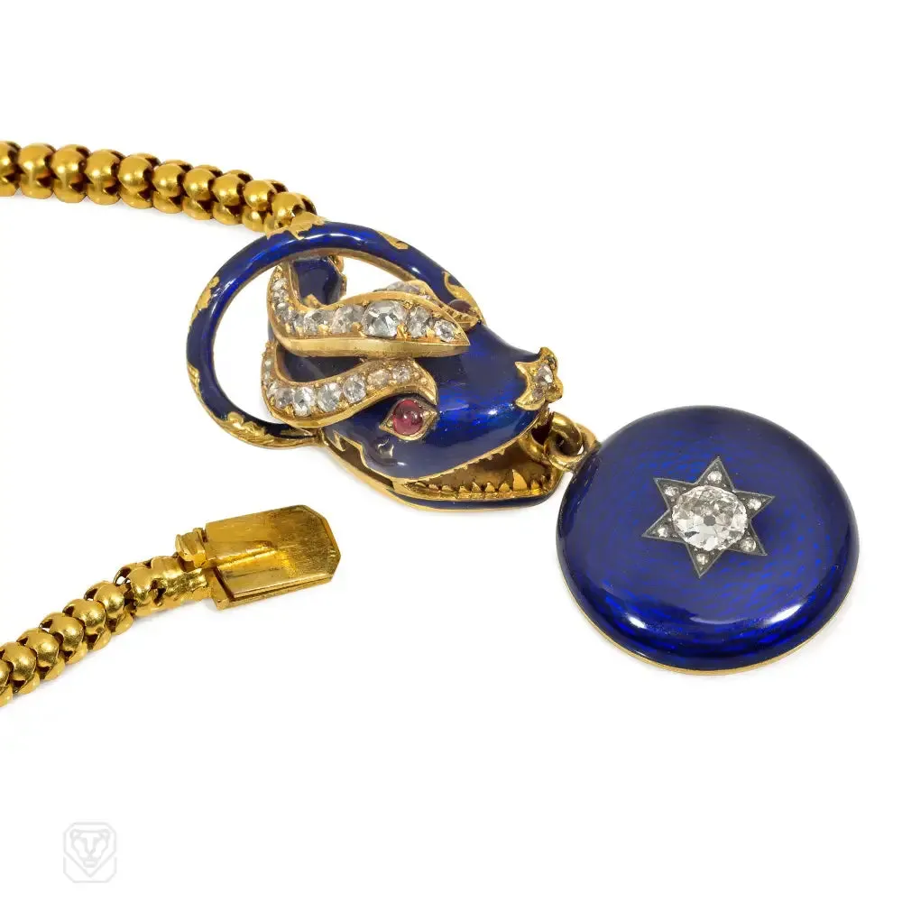 Antique blue enamel and diamond snake necklace