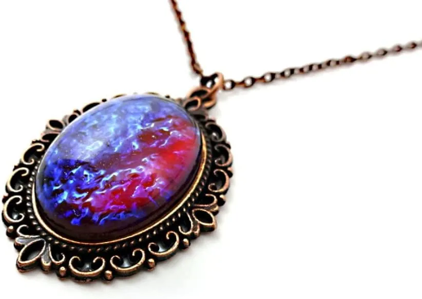 Antique Copper Synthetic Mexican Opal Dragons Breath Fire Czech Glass Amulet Pendant Necklace, Adult Women's Jewelry