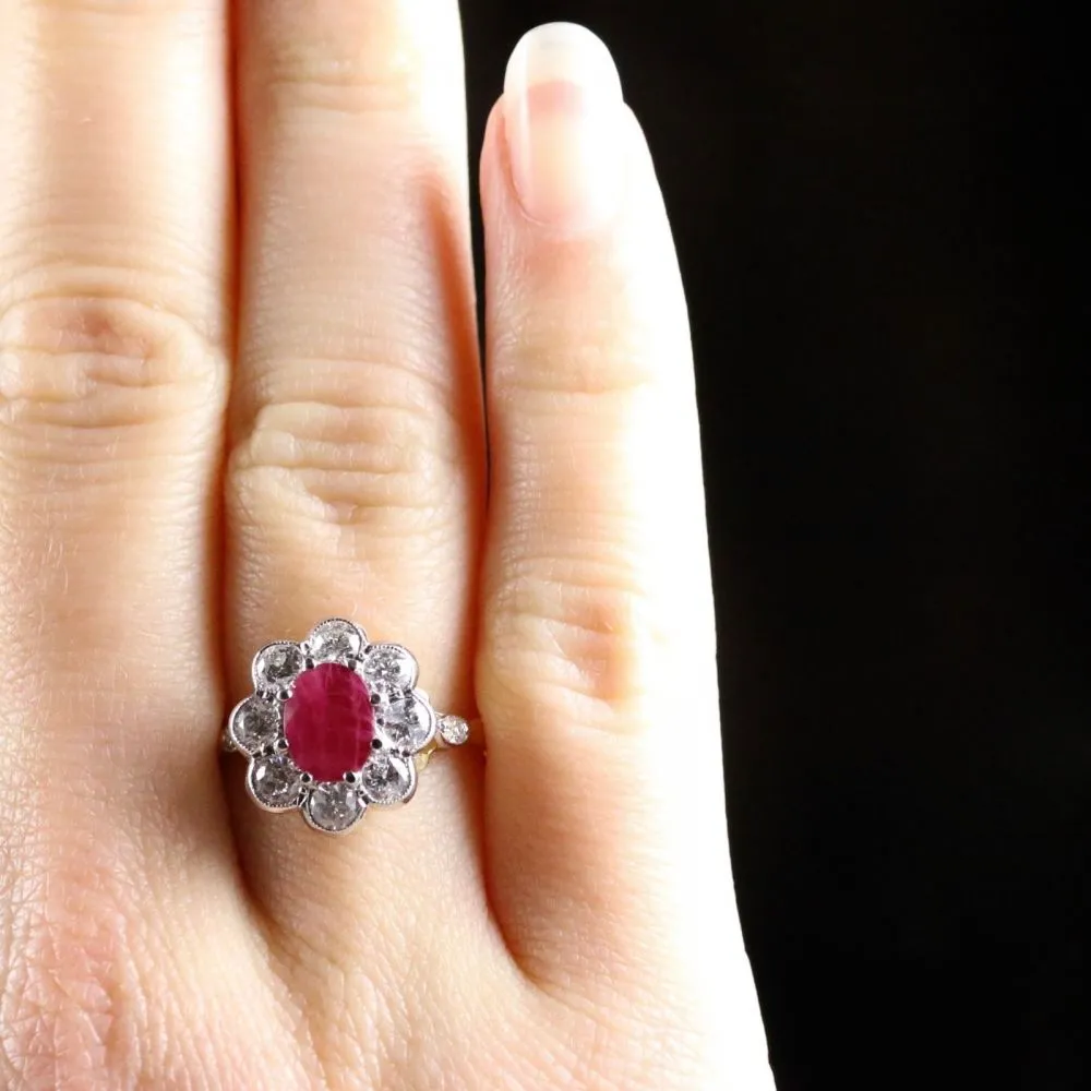 Antique Ruby & Diamond Cluster Ring 18Ct Gold 1.80Ct Ruby 1.20Ct Diamond