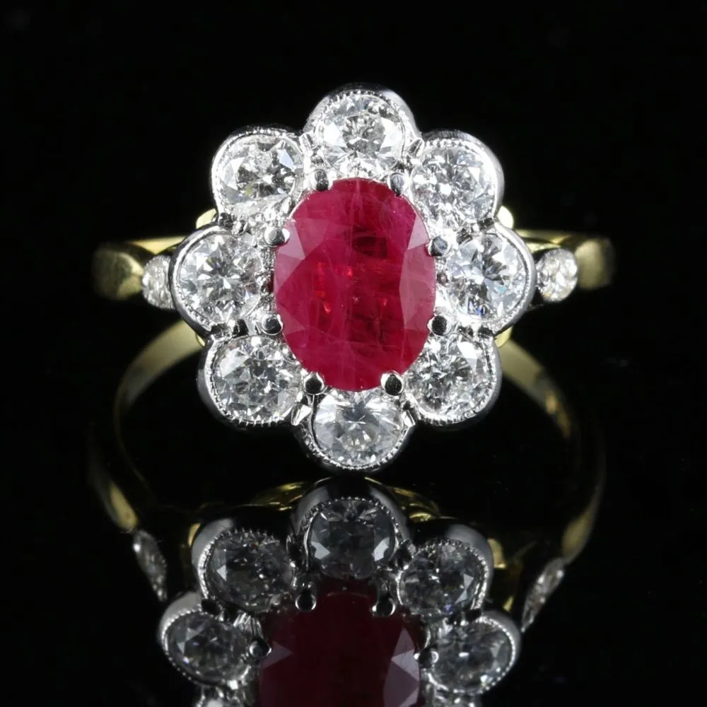 Antique Ruby & Diamond Cluster Ring 18Ct Gold 1.80Ct Ruby 1.20Ct Diamond