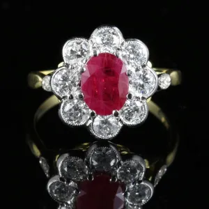Antique Ruby & Diamond Cluster Ring 18Ct Gold 1.80Ct Ruby 1.20Ct Diamond