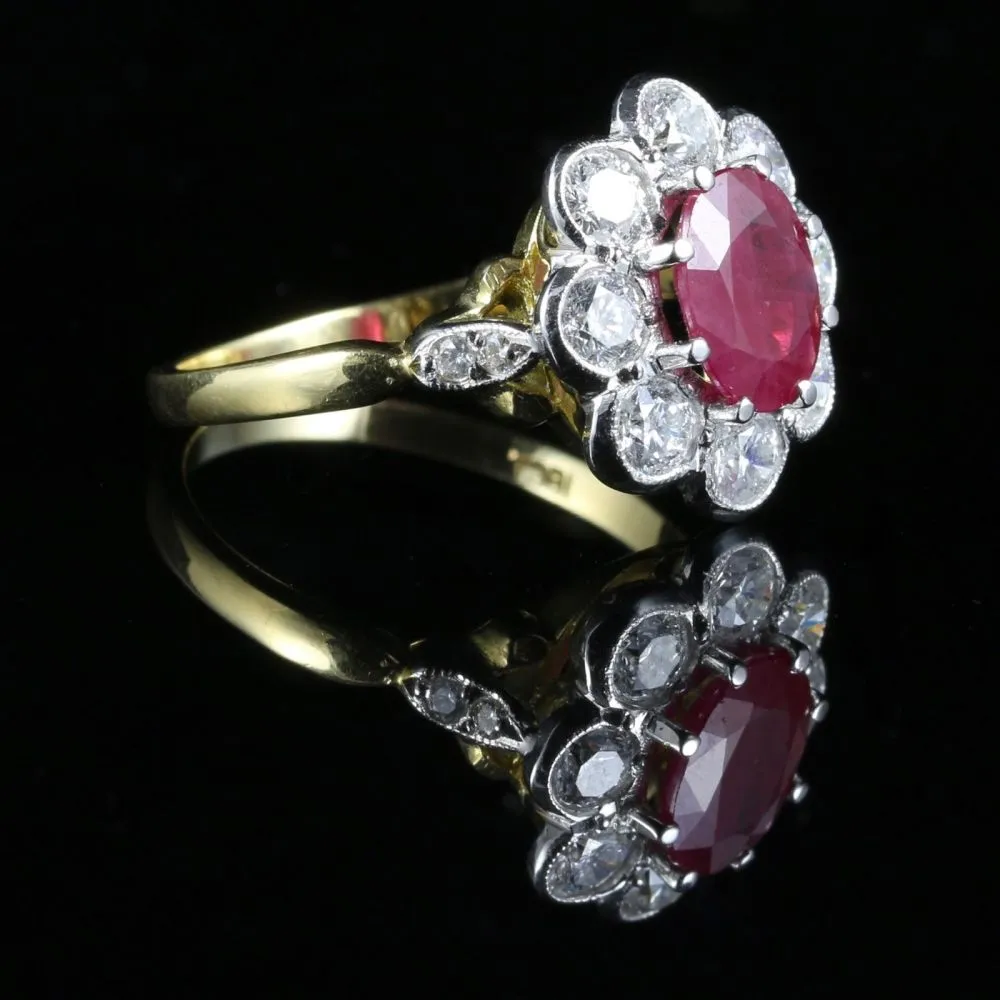 Antique Ruby & Diamond Cluster Ring 18Ct Gold 1.80Ct Ruby 1.20Ct Diamond