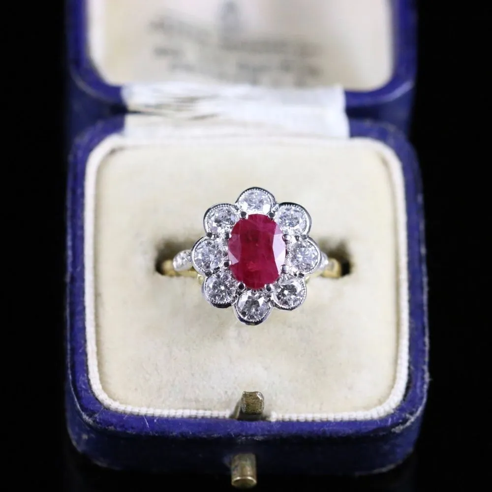 Antique Ruby & Diamond Cluster Ring 18Ct Gold 1.80Ct Ruby 1.20Ct Diamond