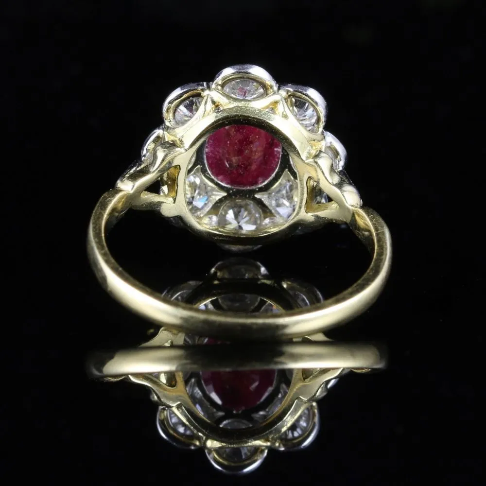 Antique Ruby & Diamond Cluster Ring 18Ct Gold 1.80Ct Ruby 1.20Ct Diamond
