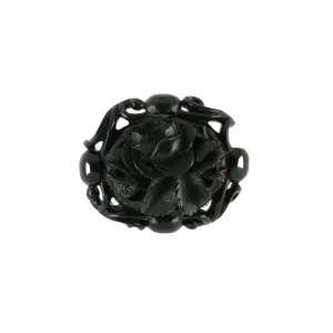 Antique Whitby Jet Carved Oval Open Flower Brooch