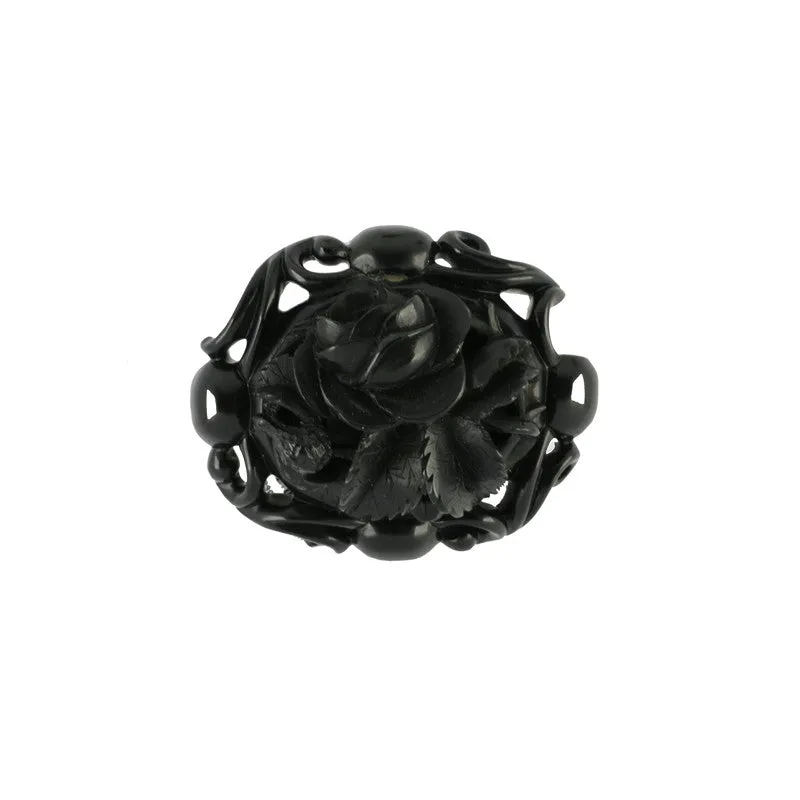 Antique Whitby Jet Carved Oval Open Flower Brooch