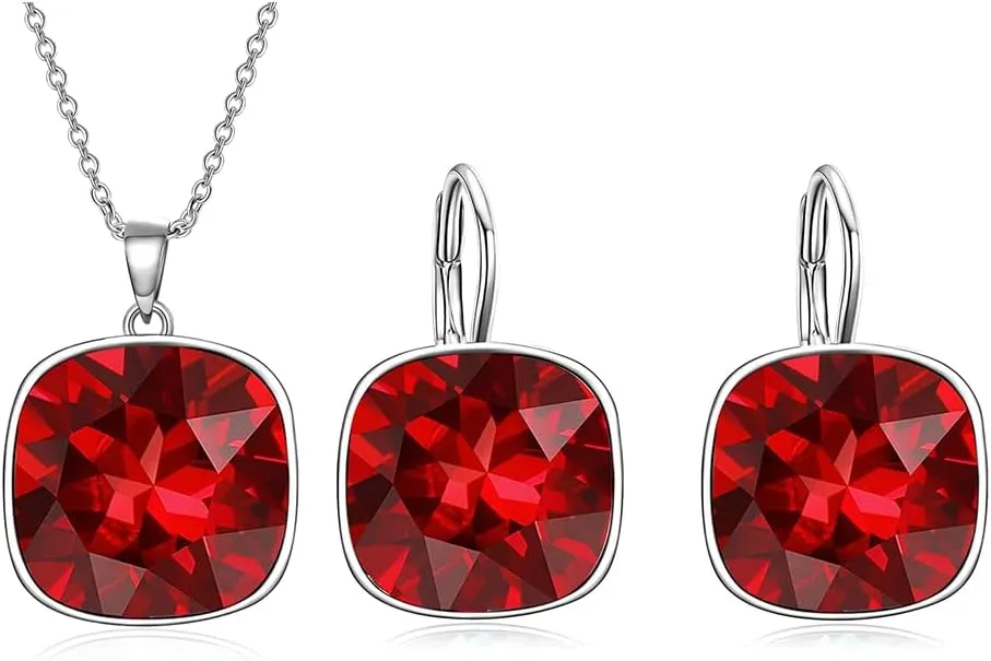 AOBOCO Sterling Silver Cushion Cut Square Crystal Earrings Necklace Embellished with Crystals from Austria, Hypoallergenic Fine Anniversary Birthday Jewelry Gifts for Women
