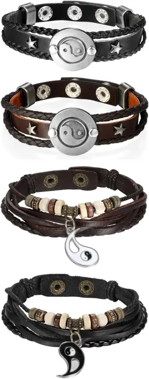 Aroncent 4PCS Yin Yang Bracelet for Couple, Matching Bracelets Braided Leather Adjustable Friendship Bracelets for Men Women Friendship Valentine's Day Anniversary