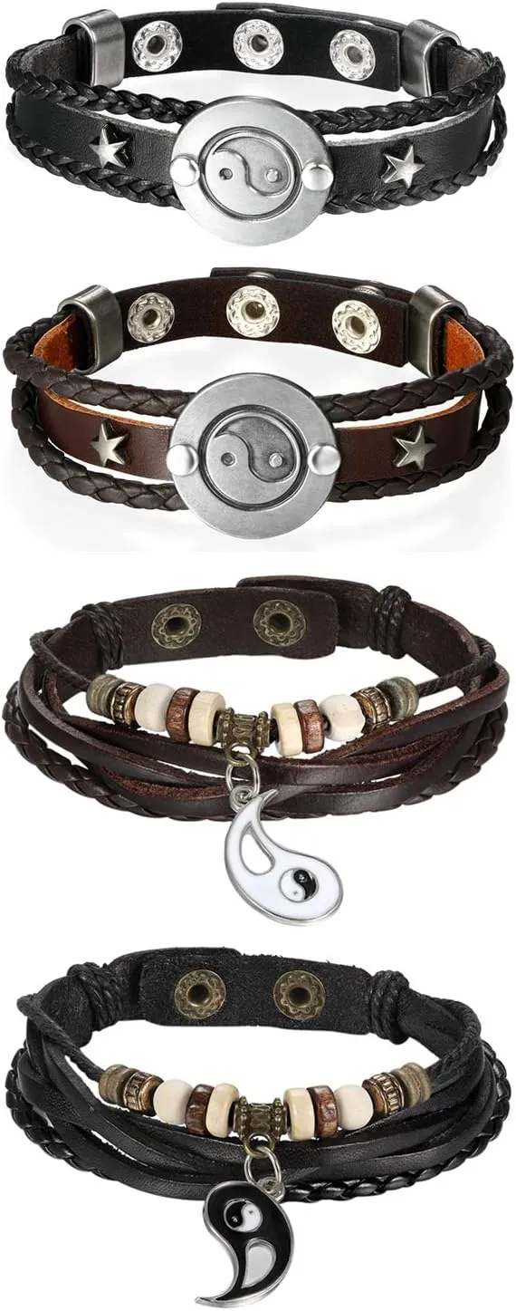 Aroncent 4PCS Yin Yang Bracelet for Couple, Matching Bracelets Braided Leather Adjustable Friendship Bracelets for Men Women Friendship Valentine's Day Anniversary