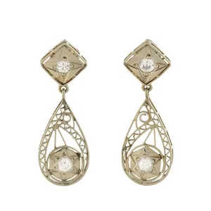 Art Deco 14kt Diamond   Starburst Filigree Teardrop Earrings
