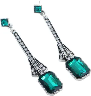 Art Deco Antique Vintage Flapper Style Green Emerald Rhinestone Extra Long Dangle Earrings