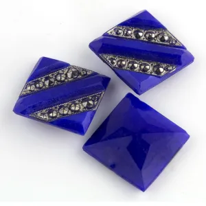 Art Deco Square Cabochon,blue, marcasite effect glass.Czech. 12mm. Pkg 1. b5-419
