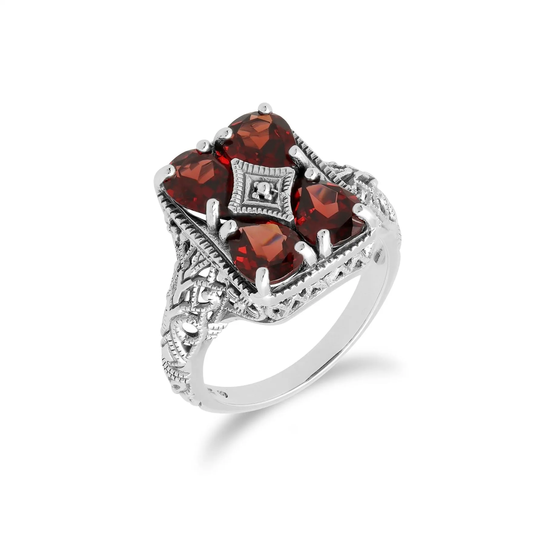 Art Nouveau Inspirierter Granat Aussage Ring in 925 Sterling Silber