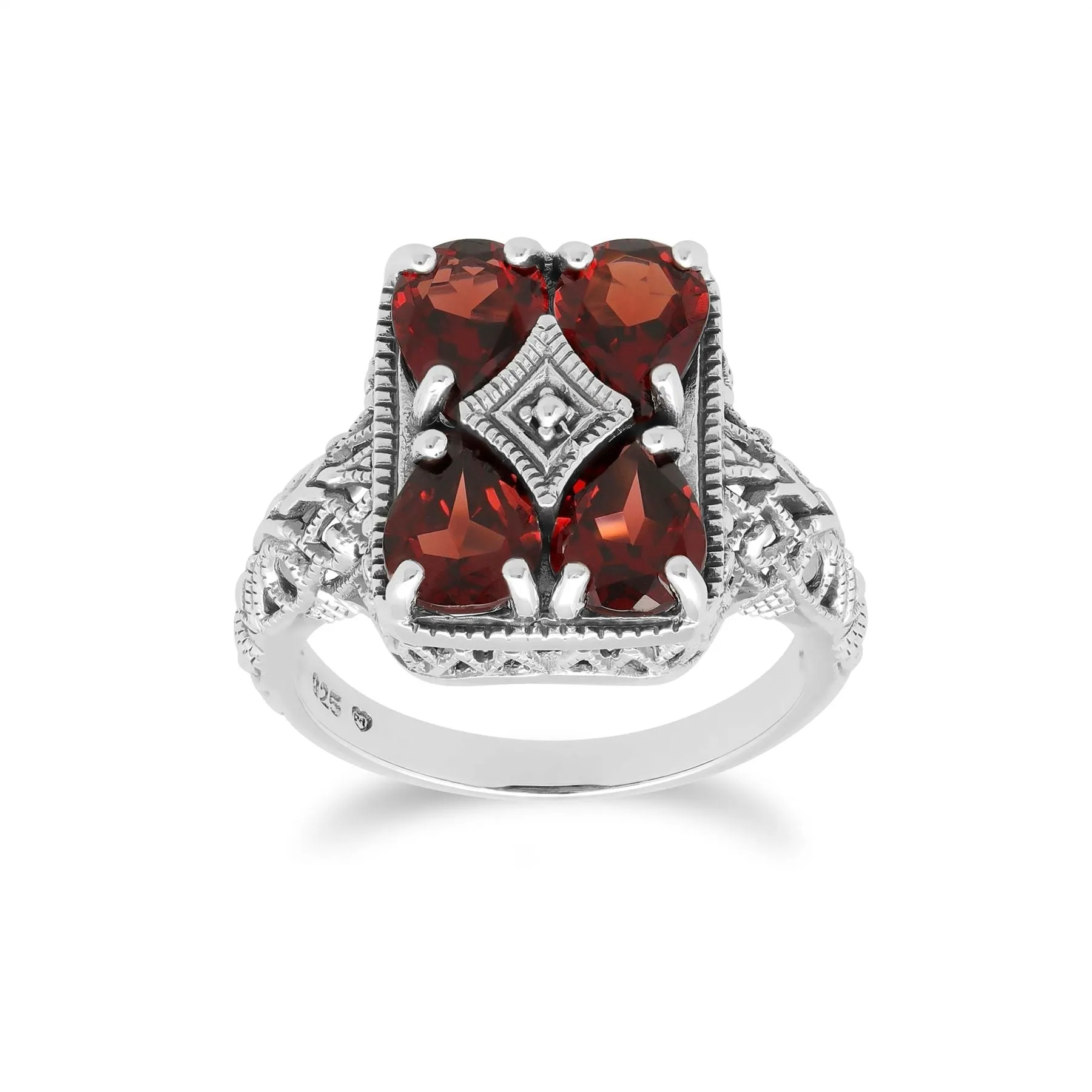 Art Nouveau Inspirierter Granat Aussage Ring in 925 Sterling Silber