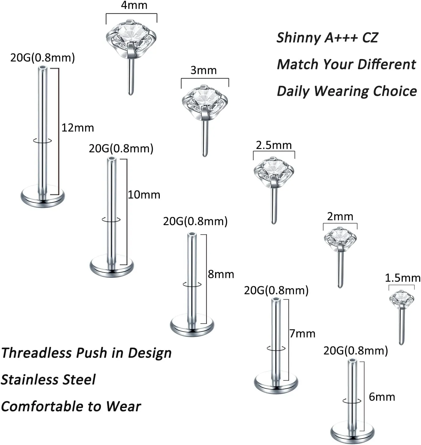 Aumeo 20G 18G 16G Threadless Push in Nose Rings Studs Surgical Steel Labret Jewelry Monroe Lip Rings Studs Medusa Ashley Piercing Jewelry for Women