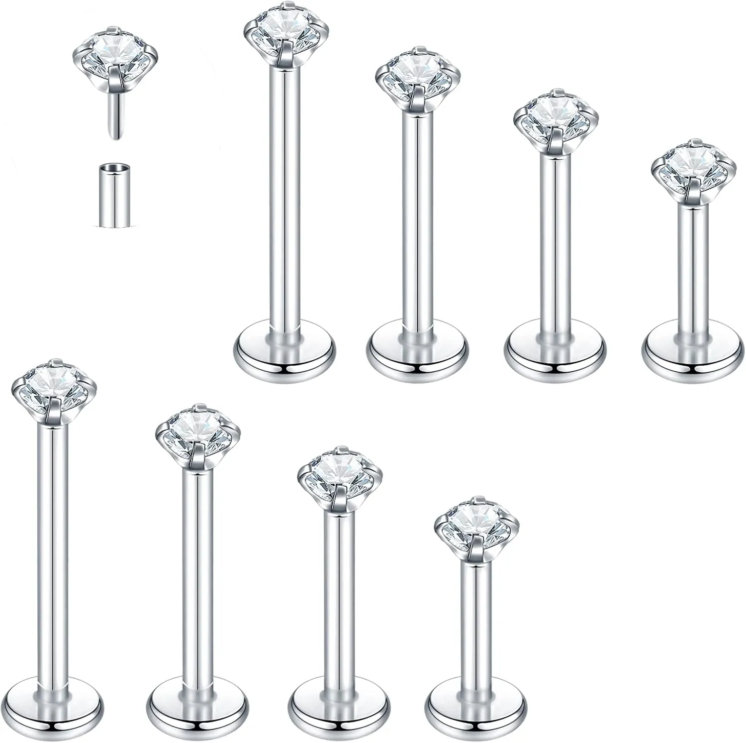 Aumeo 8PCS 16G Threadless Push in Lip Rings Stainless Steel Labret Monroe Lip Nose Ring Studs Tragus Cartilage Helix Earrings Studs Medusa Piercing Jewelry