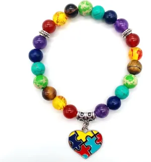 Autism Awareness 7 Chakra Beads Elastic Bracelet Colorful Beaded Love Heart Cross Ribbon Puzzle Jigsaw Charm Jewelry Gift for Autism Teacher Autistic Population