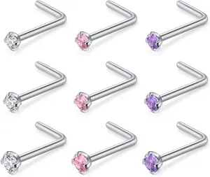 AVYRING Nose Rings Studs Nose Studs for Women L Shaped Nose Ring Studs Surgical Steel Nose Piercing 18g 20g Nose Stud Corkscrew Nose Rings Stud Nose Ring for Women