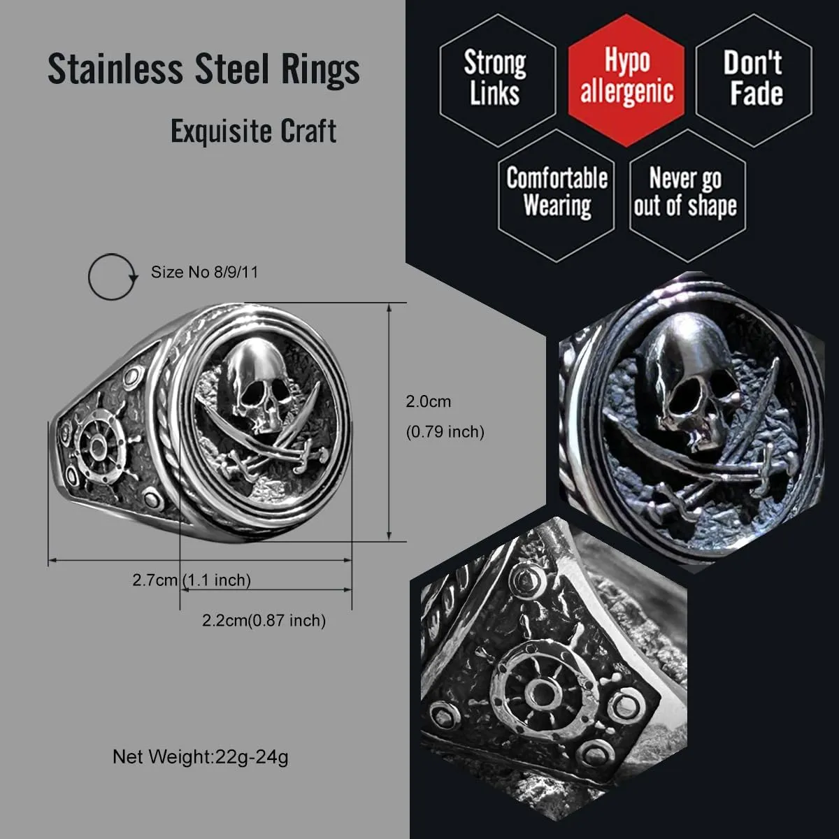 bahamut Mens Pirate Captain Skull Knife Ring for Men Gothic Punk Halloween Biker Stainless Steel Vintage Jewelry