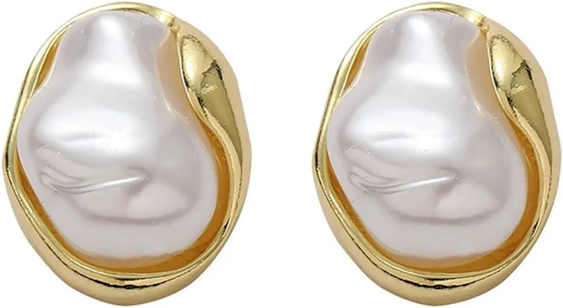 Baroque Pearl Earrings For Women 14k Gold Plated Irregular Pearl Stud Earrings Vintage Statement Earrings Jewelry Gift for Women