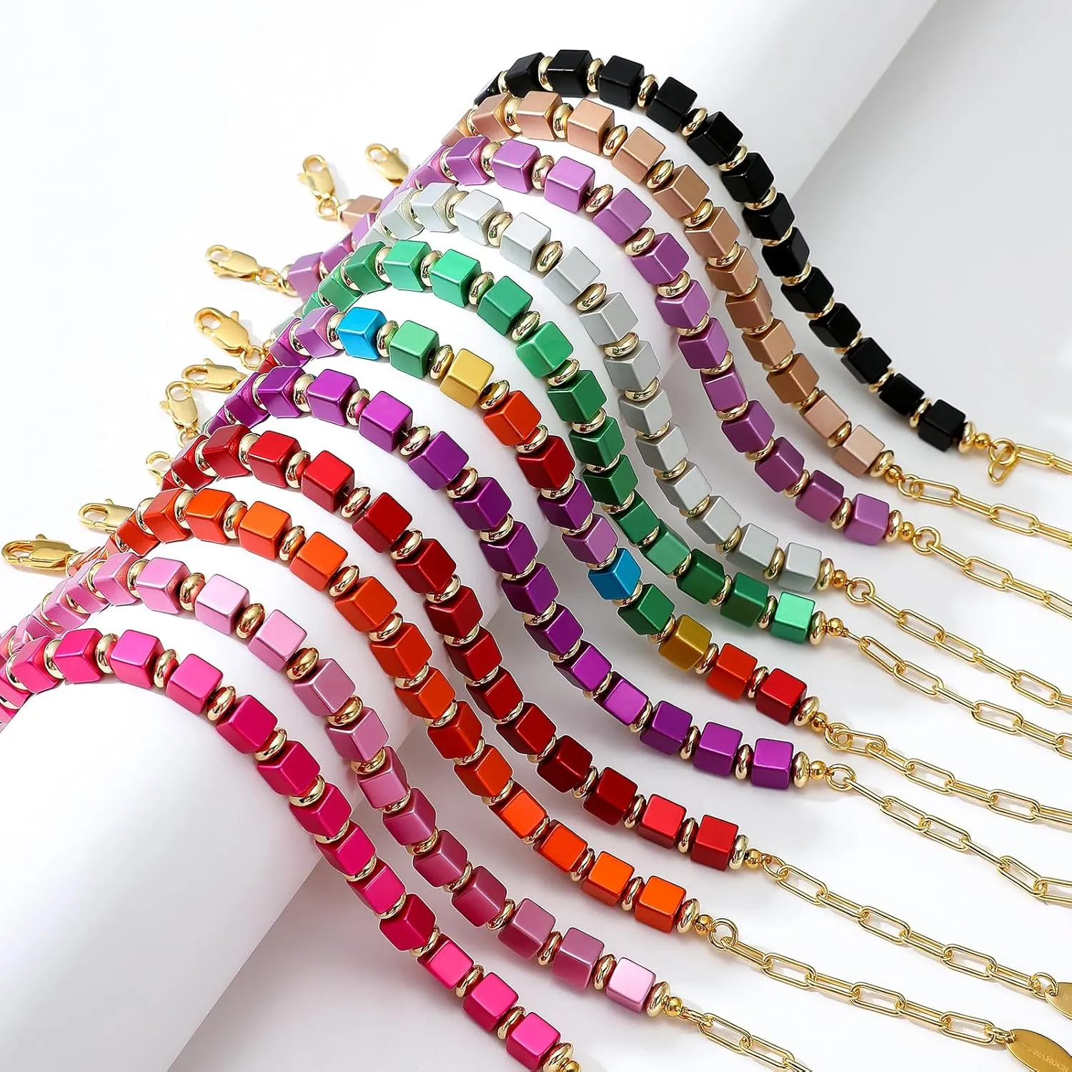 Beaded Bracelet for Women and Girl, Colorful Beach Boho Gems Bracelet 14K Gold Plated Stackable Handmade Bohemian Multicolor Natural Stone Bracelet