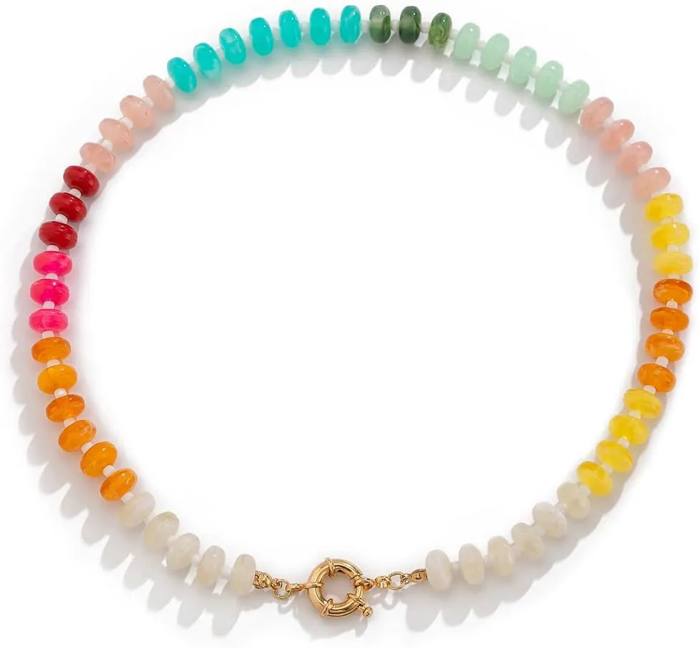 Beaded Gemstone Gold Necklace for Women Trendy Colorful Boho Bead Choker Necklace Summer Collar Handmade Jewelry for Surfer Beach (Colorful Bead Choker Necklace -1)